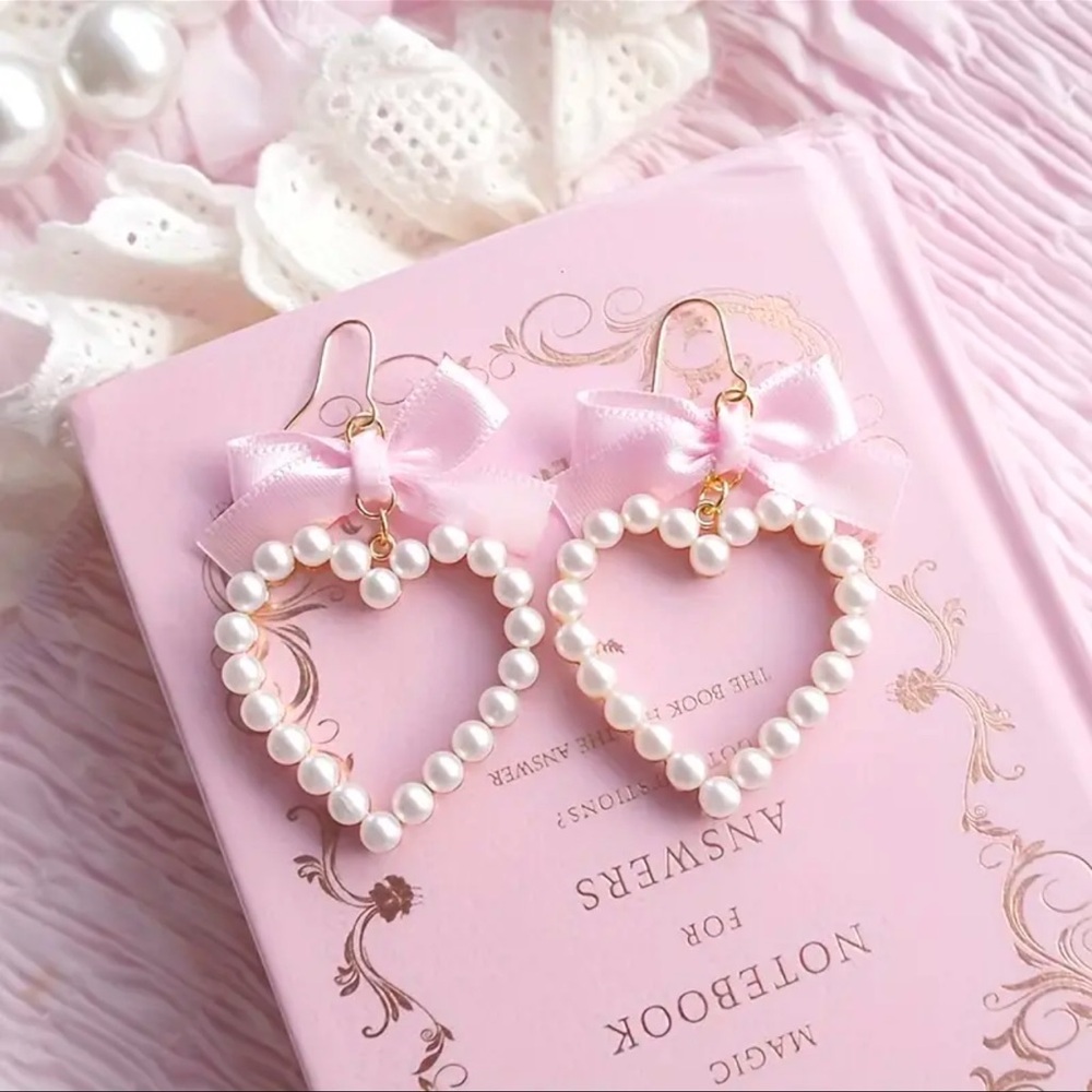 Coquette Cute and Girly Pearl Heart shaped earrings with pink bow dangle